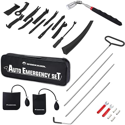 WORKKOOL 26PCS Car Tool Kit with Stainless Steel Assorted 5th Wheel Pin Puller,68 inches Long Distance Puller Hook, Air Wedge and Magnetic Pickup Tool with Flashlight