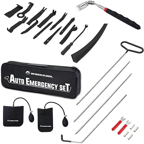 26PCS Car Tool Kit with Stainless Steel Assorted 5th Wheel Pin Puller,68 inches Long Distance Puller Hook, Air Wedge and Magnetic Pickup Tool with Flashlight