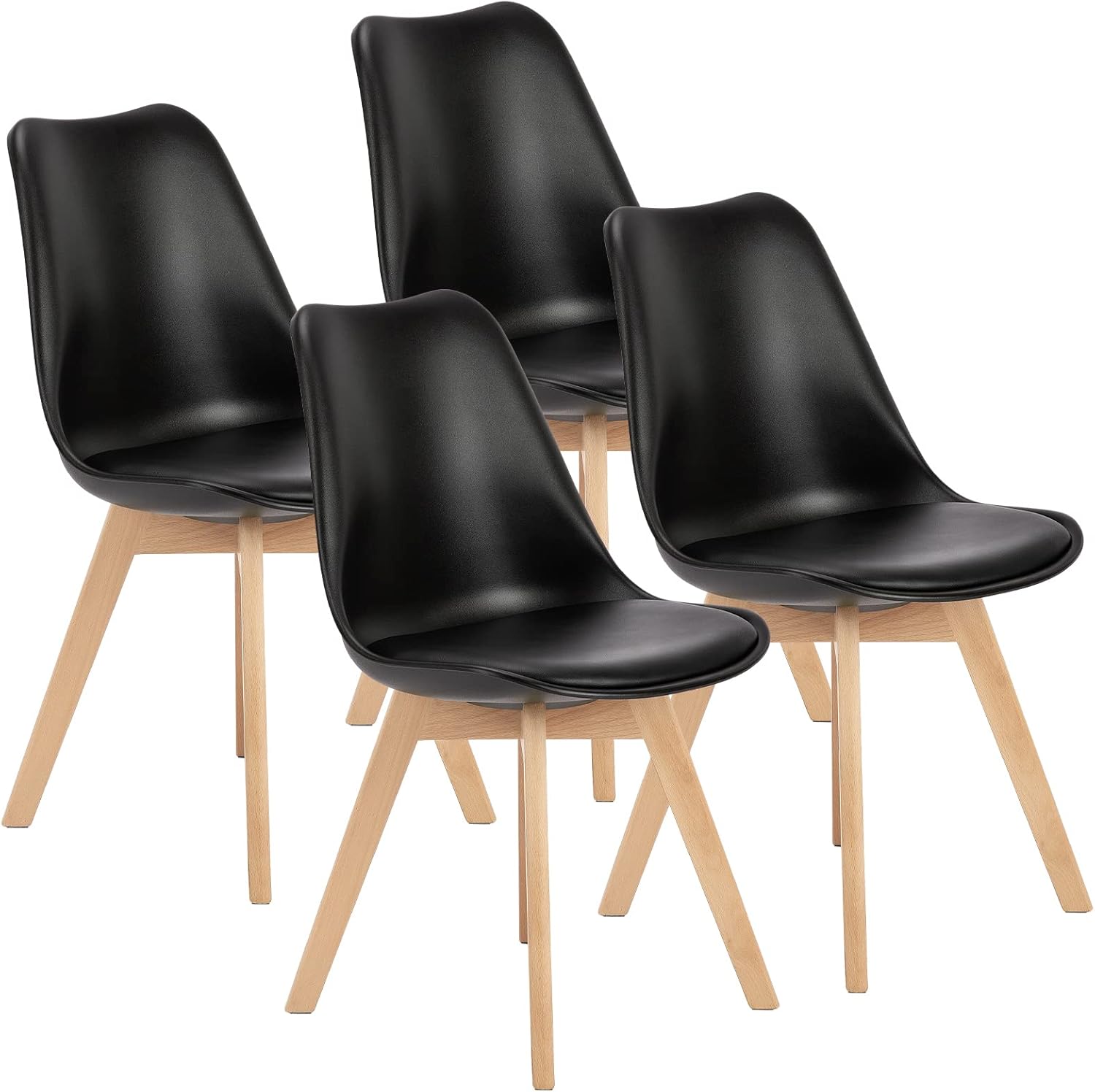 Set of 4 Dining Kitchen Mid-Century Modern Chairs with Wood Legs and PU Leather Cushion for Living Room Bedroom Outdoor Lounge, Black