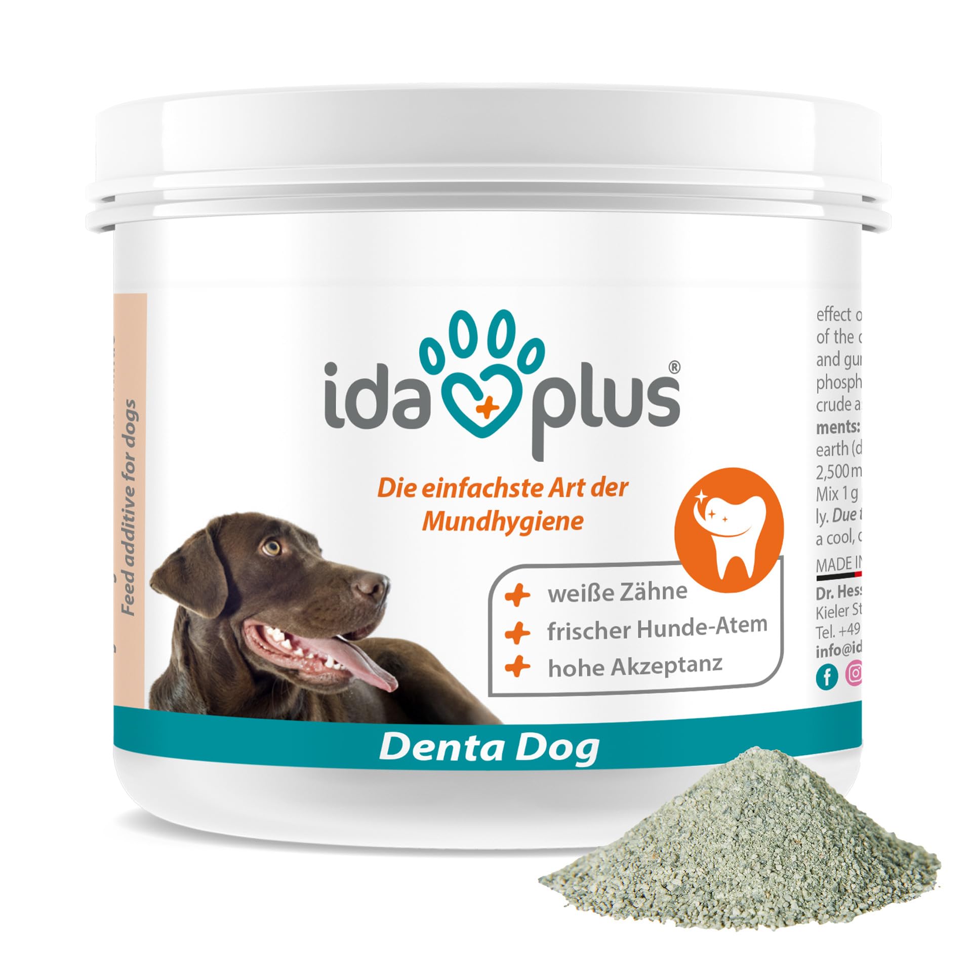 Ida Plus Denta Dog - kinderleichte Hunde Zahnpflege ohne Zähne bürsten - Hunde-Dental-Pflege stoppt Hunde Mundgeruch & sorgt für frischem Hunde-Atem - verhindert Hunde Zahnstein & Plaque - 150g