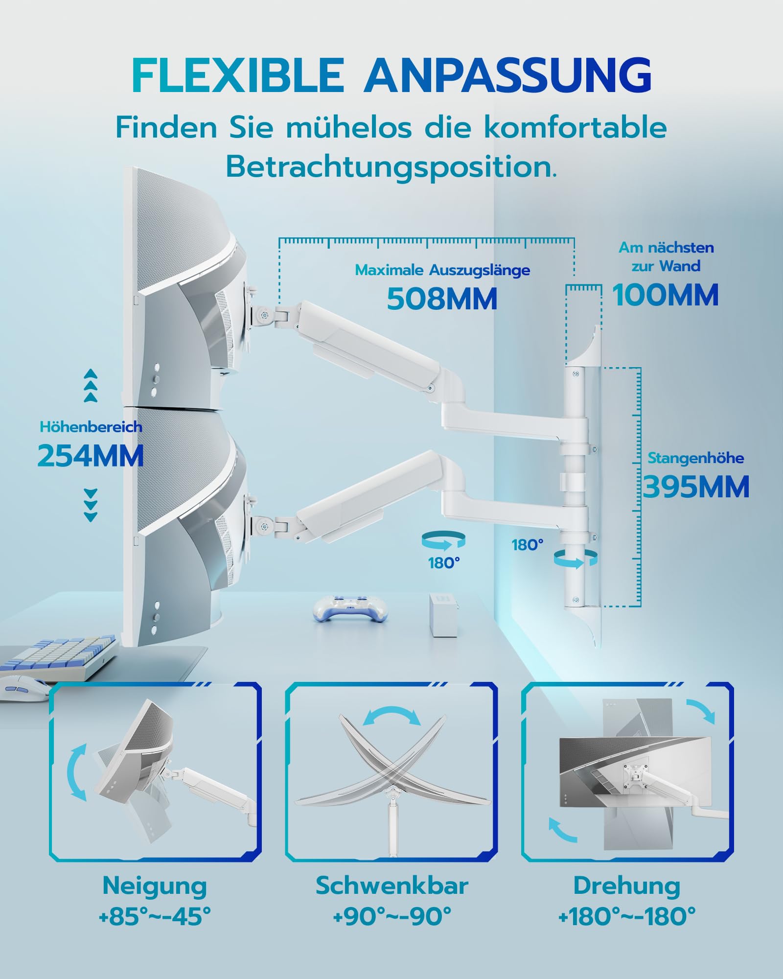 ARES WING Supporto da parete per 2 monitor, per schermi da 17-40 pollici, regolabile in altezza, inclinabile, orientabile, supporta VESA 75/100 mm, 12 kg/braccio gaming, home office, bianco