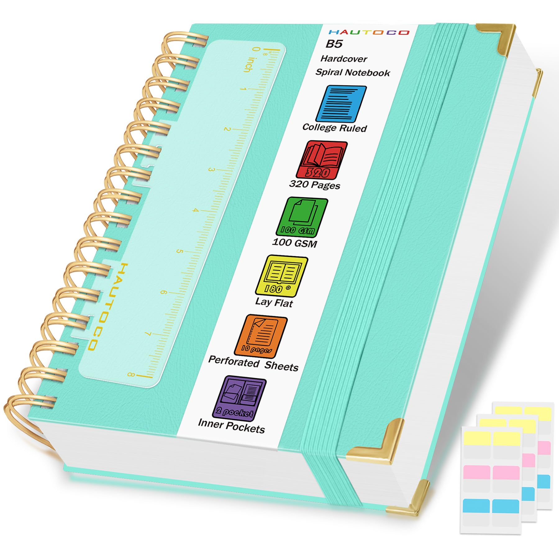 HAUTOCO Spiral Notebook, B5 College Ruled Leather Notebook, 100 GSM Paper, Hardcover Notebook with 320 Pages, 7"x 9.7" Lined Journaling Notebooks for Women Men Students Work School Office, Blue