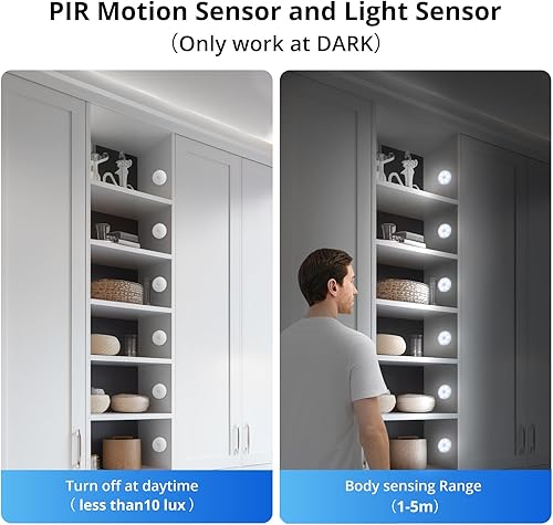 Miniatura 2 de Combuh Paquete de 6 luces LED para debajo del gabinete, sensor de movimiento, luz USB recargable, funciona con pilas, lámpara magnética para armario