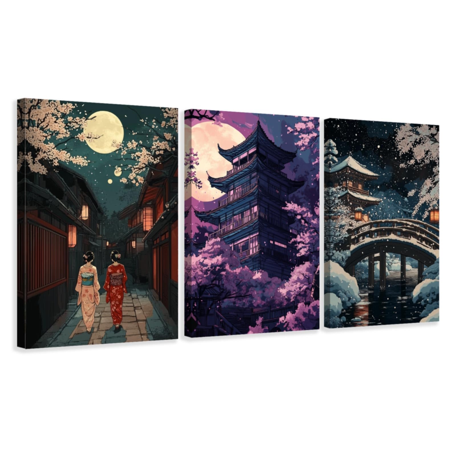 CCWACPP Japanese Wall Art Set of 3 Japanese Landscape Picture Geisha Canvas Prints Japanese Culture Painting for Home Bedroom Office Decor Framed (30x40cmx3)