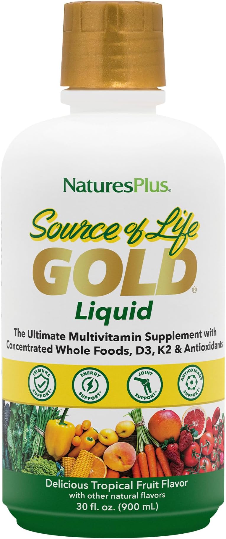 NaturesPlus Source of Life GOLD Multivitamin Liquid - 30 oz - With Vitamins D3, B12 & K2 - Blood, Bone & Immune Support - Vegetarian & Gluten Free - 30 Servings