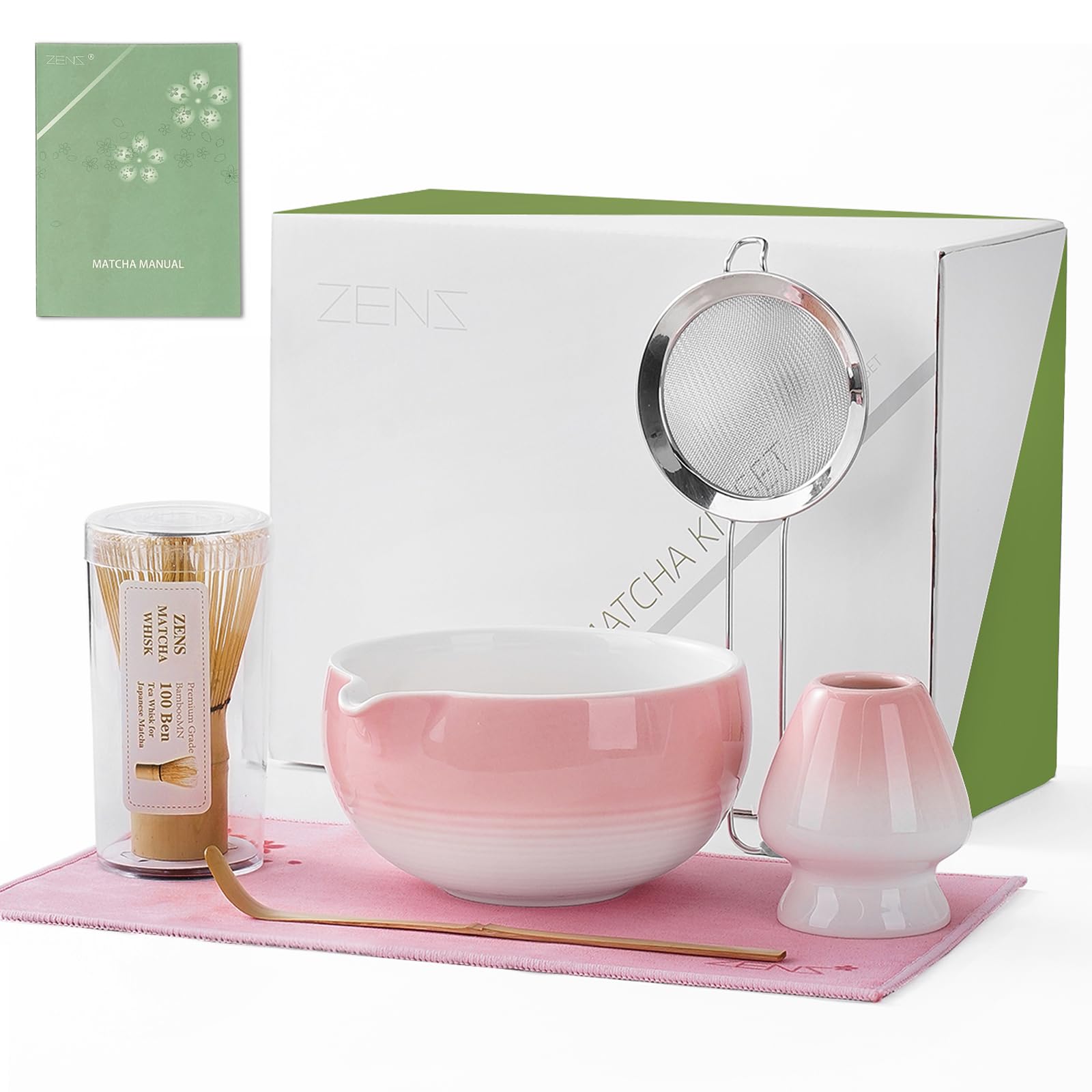 ZENS Matcha Set Pink, 6pcs Japanese Matcha Kit, Ceramic Matcha Making Set with Bamboo Whisk and Bowl & (Chasen Holder) Scoop, Sifter, Scoop -Tea Towel, Gift for Matcha Latte Lover