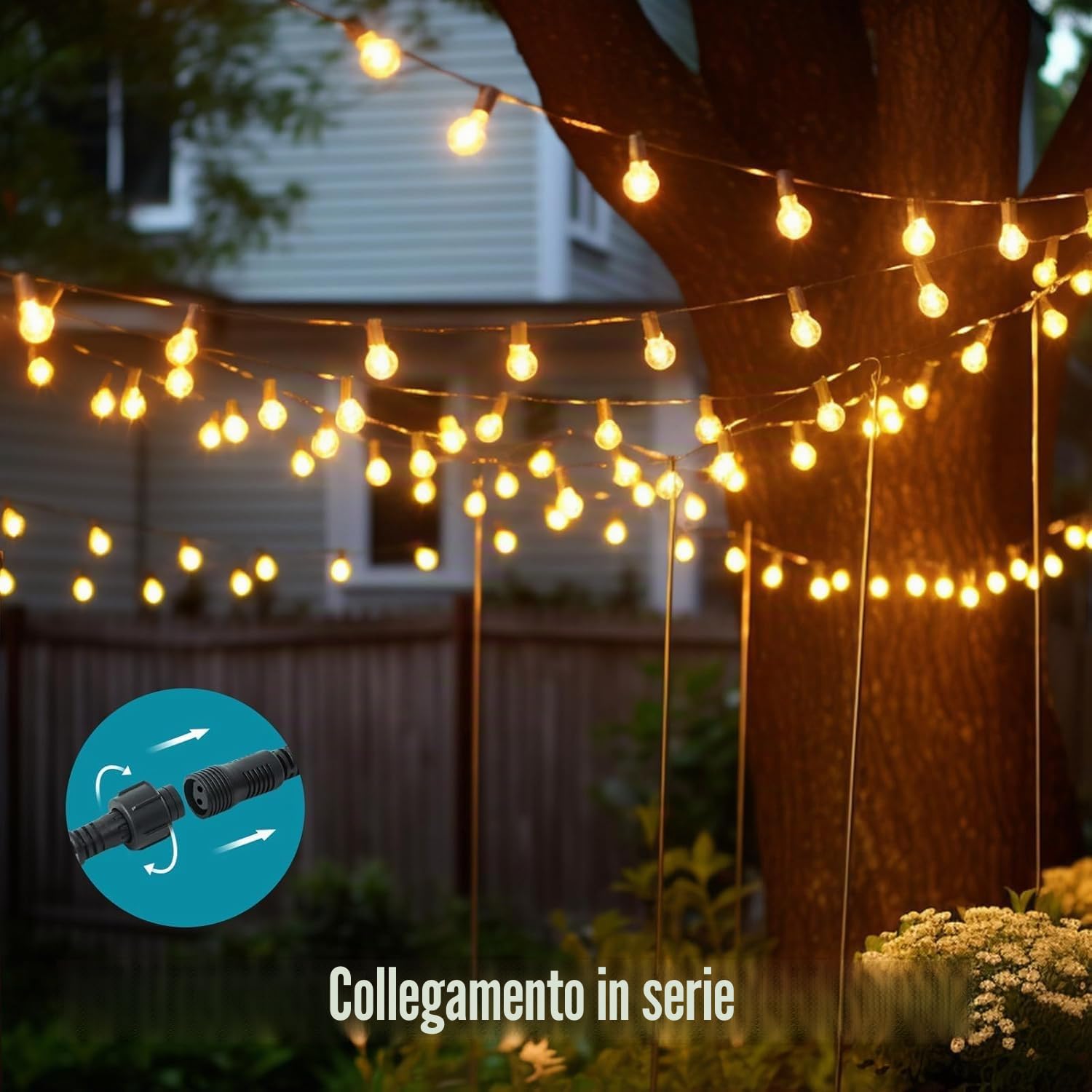 Catena Luminosa Esterno 45m Luci da Giardino con G40 1W LED E12, 2700K Bianco Caldo Lampadine Antishock IP45 Impermeabile Collegabile&Regolabile (Senza Dimmer) per Feste Matrimoni Terrazzo