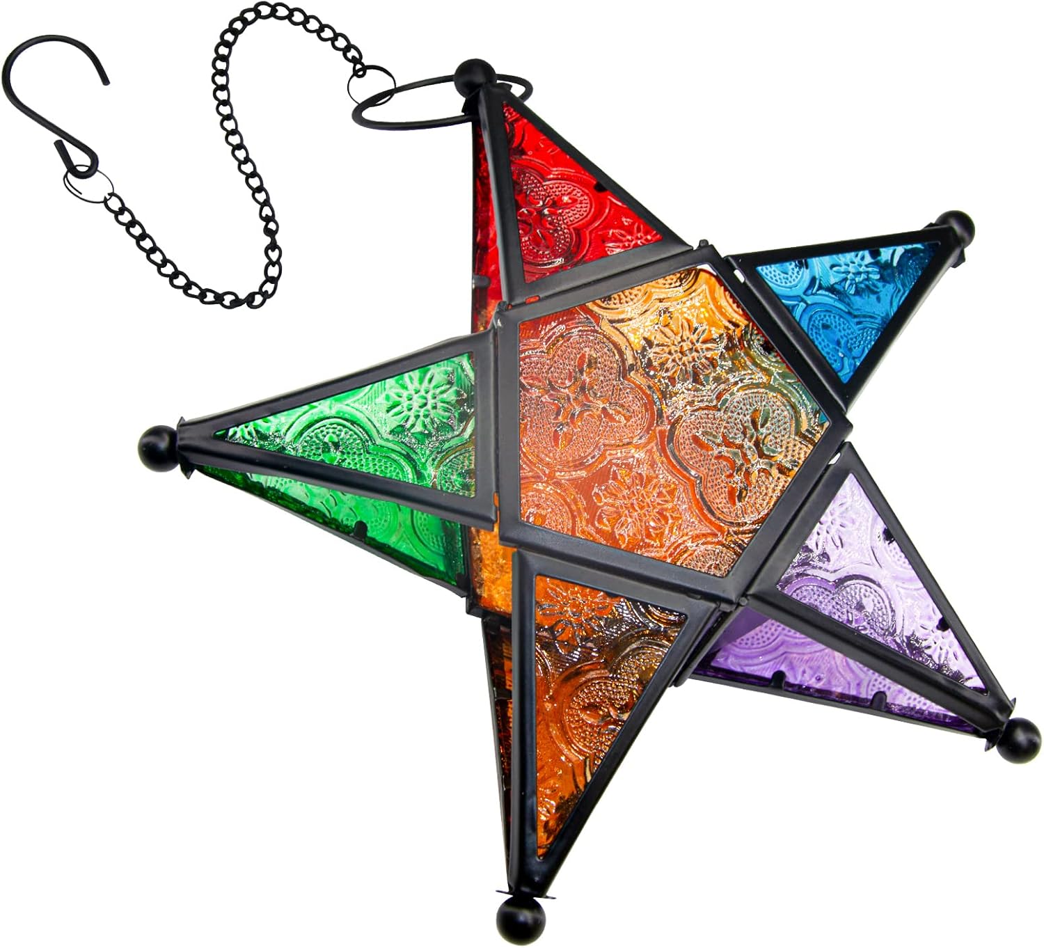 Modern Morocco Metal Art Candle Holders, Star Colorful Glass Christmas Holiday Home Wall Decor Lantern for Mantel Patio Garden with Hanging Loop- Black
