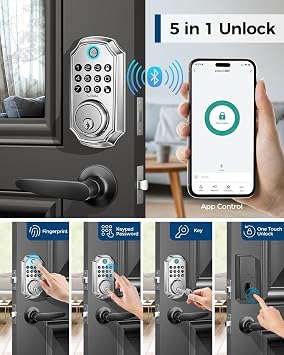 Keyless Entry Door Lock, Smart Deadbolt Lock with Handleset D180 & D280 (Fingerprint & Leveler) (Metallic)
