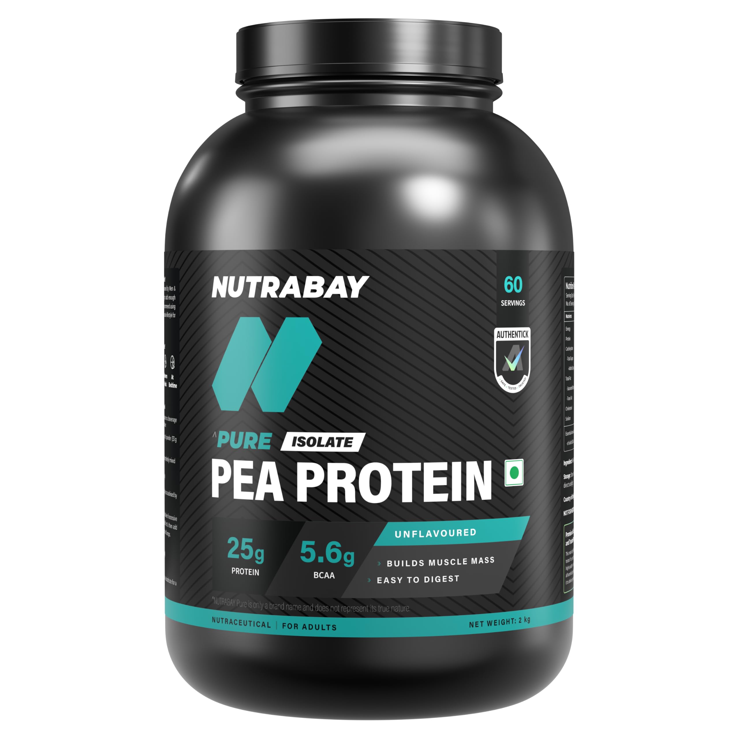Nutrabay Pure Pea Protein Isolate | 25.69g Protein, 5.6g BCAA| 1 Ingredient | Easy to Digest Plant Protein for Muscle Growth & Recovery | No Sugar - 2 Kg Unflavoured, 60 Servings