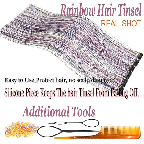 Miniatura 3 de Extensiones de cabello brillante con clip de oropel arcoíris para niñas, Navidad y Año Nuevo (24 pulgadas, paquete de 12 unidades, arcoíris)