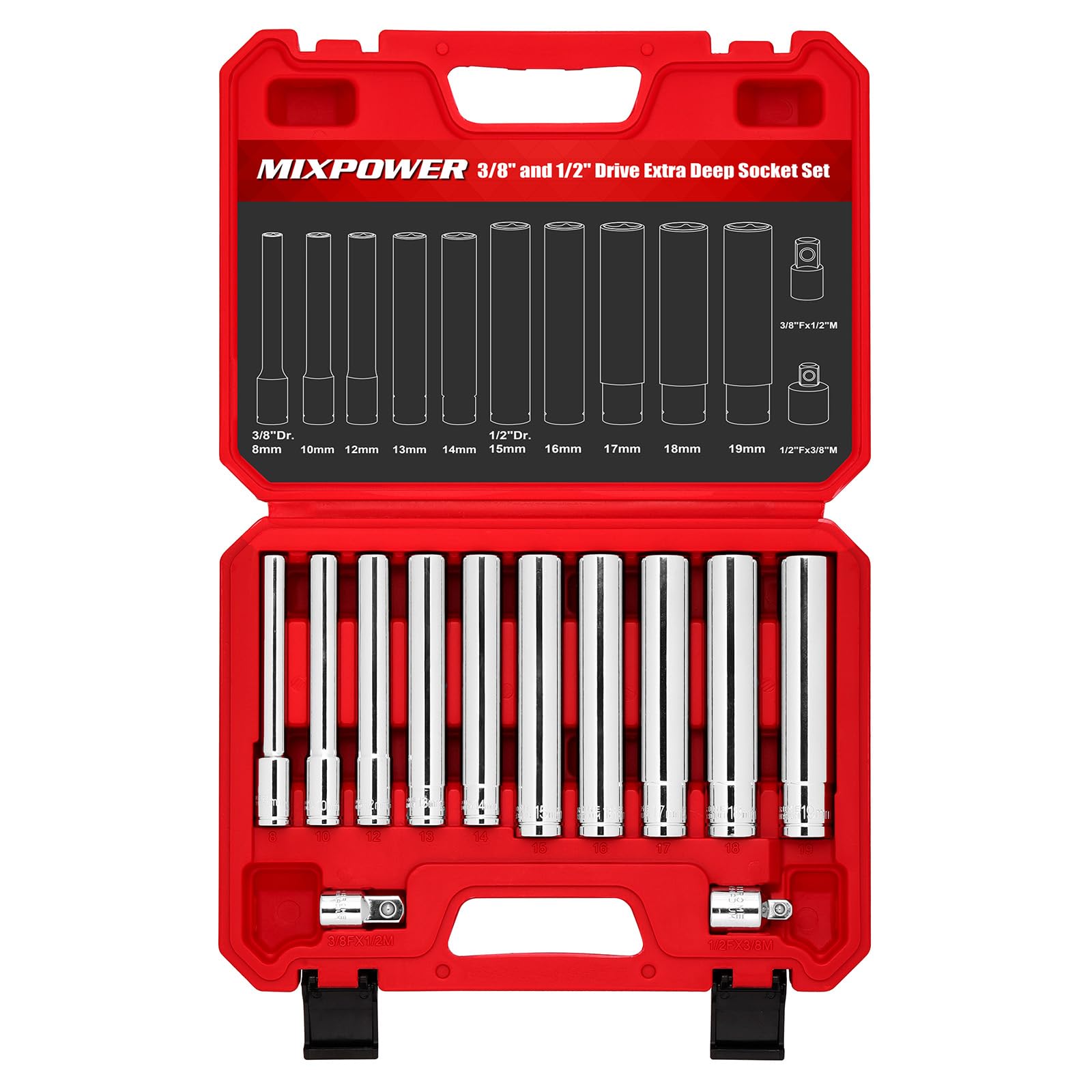 MIXPOWER 12 Pieces 3/8" & 1/2" Drive Extra Deep Metric Socket Set, 6-Point, 8-10-12-13-14-15-16-17-18-19mm, with Adapters, 120mm Deep CR-V Socket for Automotive and Industrial Applications