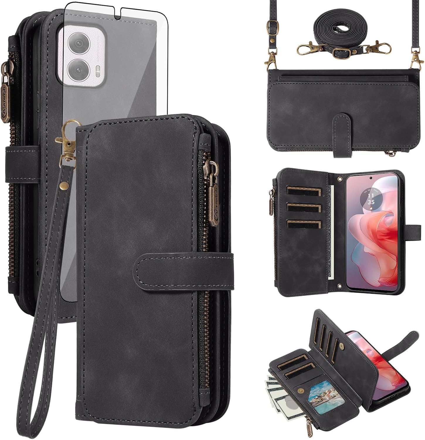 Asuwish Phone Case for Motorola Moto G Power 5G 2024 Zipper Wallet Cell Cover with Tempered Glass Screen Protector Crossbody Wrist Strap Flip Credit Card Holder Shoulder Purse Slot G5 Women Men Black