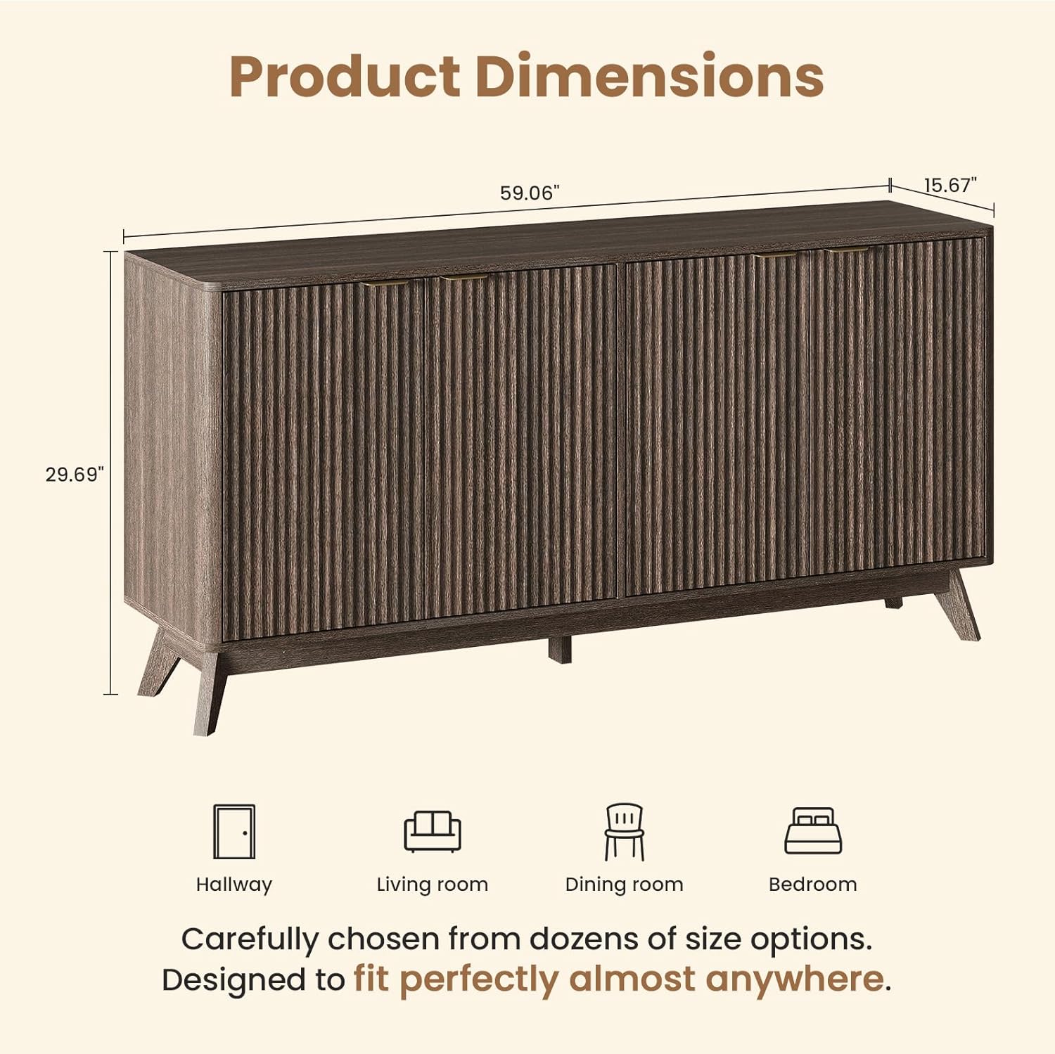 59'' Sideboard Buffet Storage Cabinet with Metal Handle, Fluted Cabinet with Rounded Corners, Modern Buffet Table Accent with 4 Doors for Coffee Bar, Console Table,Walnut
