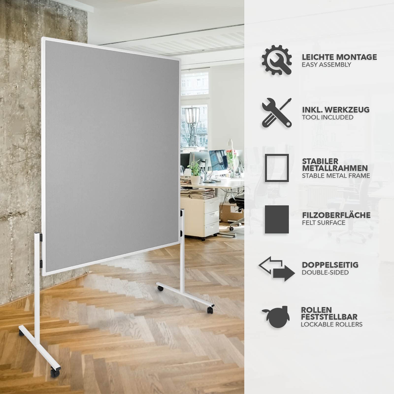 Lavagna per presentazioni in feltro con ruote bloccabili | Lavagna in feltro | utilizzabile su entrambi i lati | Stabile telaio in metallo (150 x 120 cm, grigio)