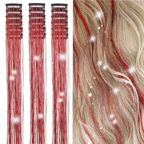 ZYXQZYX Hair Tinsel Kit Pack of 18 Pcs Hair Tinsel Clip in 19.6Inch Glitter Tinsel Hair Extensions Heat Resistant Clip in Hair Tinsel Sparkle Fairy Hair Accessories for Kids Girls Women (Red)