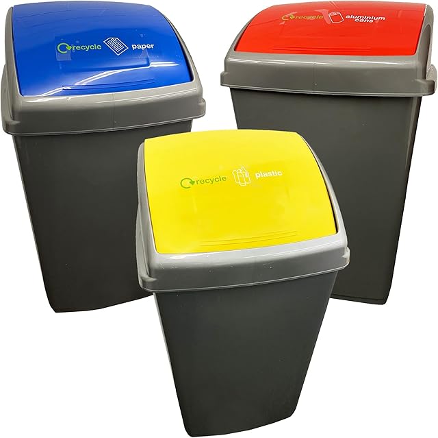 50 Litre Large Grey Recycling Bins With Colour Coded Lids Blue, Red & Yellow Paper, Plastic & Cans Swing Lids Home/Office Business Commercial Bins (Set of 3 (1 x Yellow, 1 Red & 1 Blue))