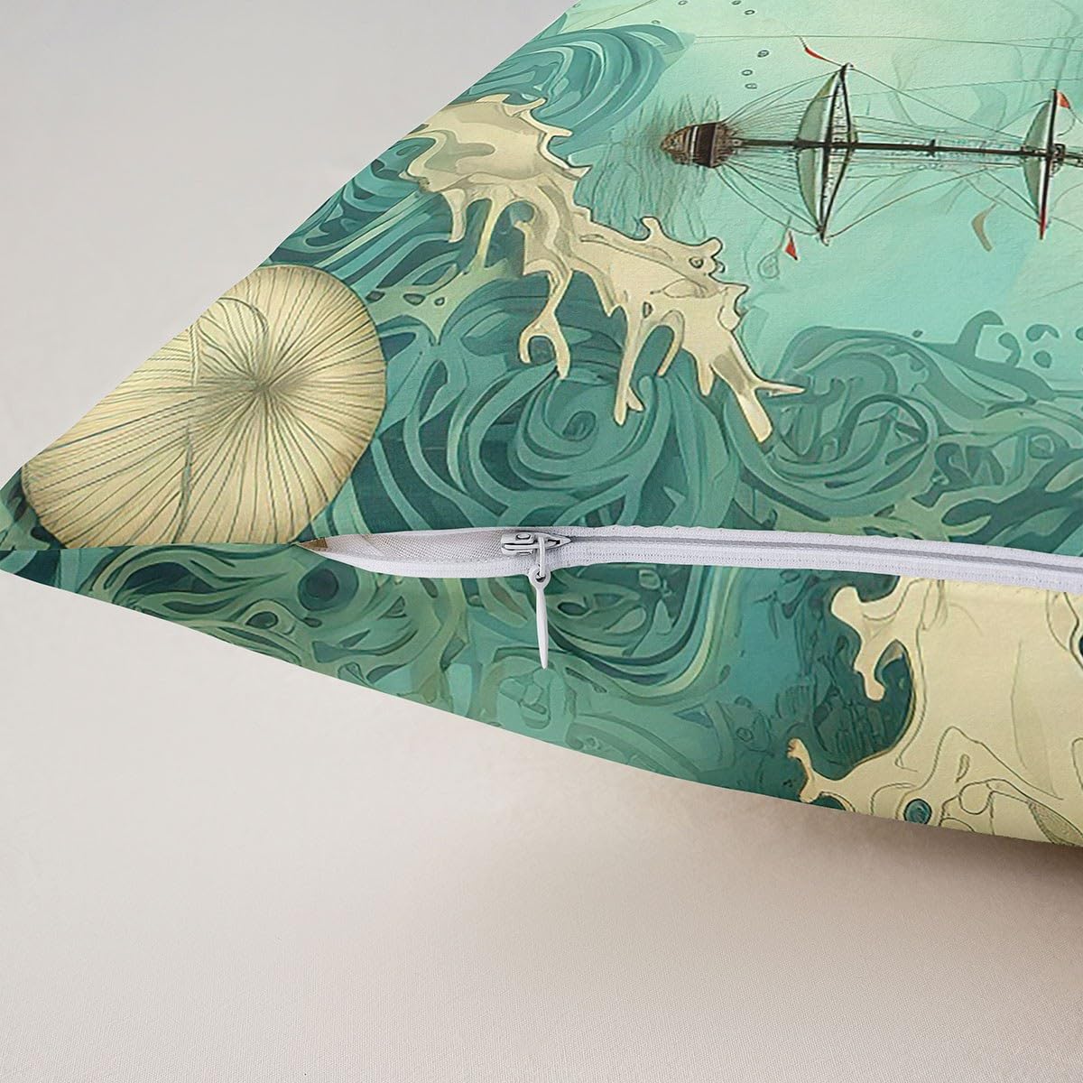 Homemissing Set di 4 federe decorative per cuscini con cavalluccio marino, 50 x 50 cm, con stampa di barca a vela, per divano, a tema oceano, vita marina, per esterni