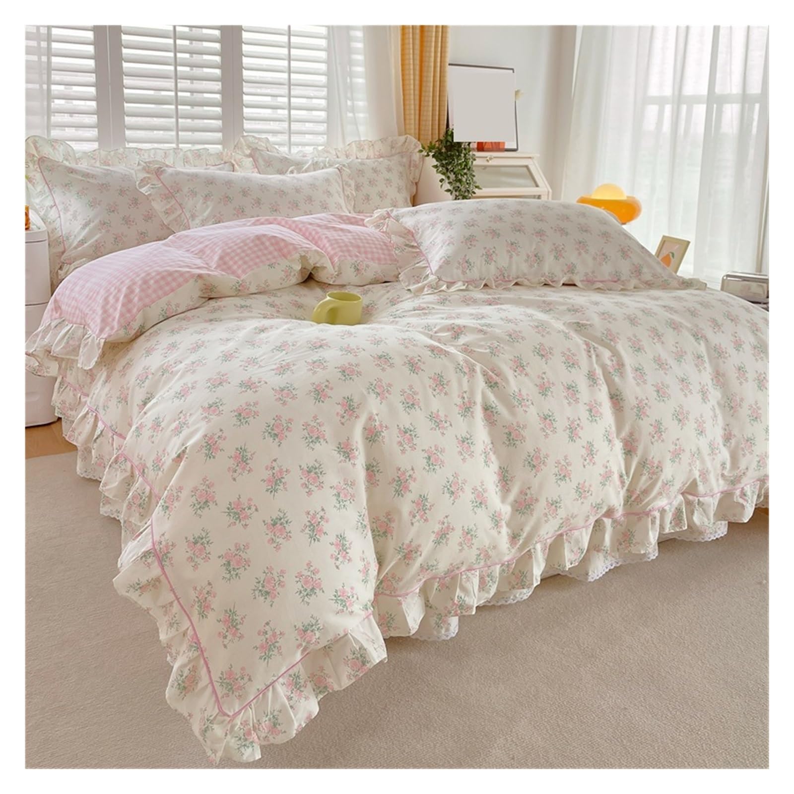GCYEIDMA Ruffle Duvet Cover 1pc Ruffles Duvet Cover Pure Cotton Comforter Floral Style Bed Covers housse de couette Quilt (No Pillowcase)(Color 2,Single 150x200cm 1pc)