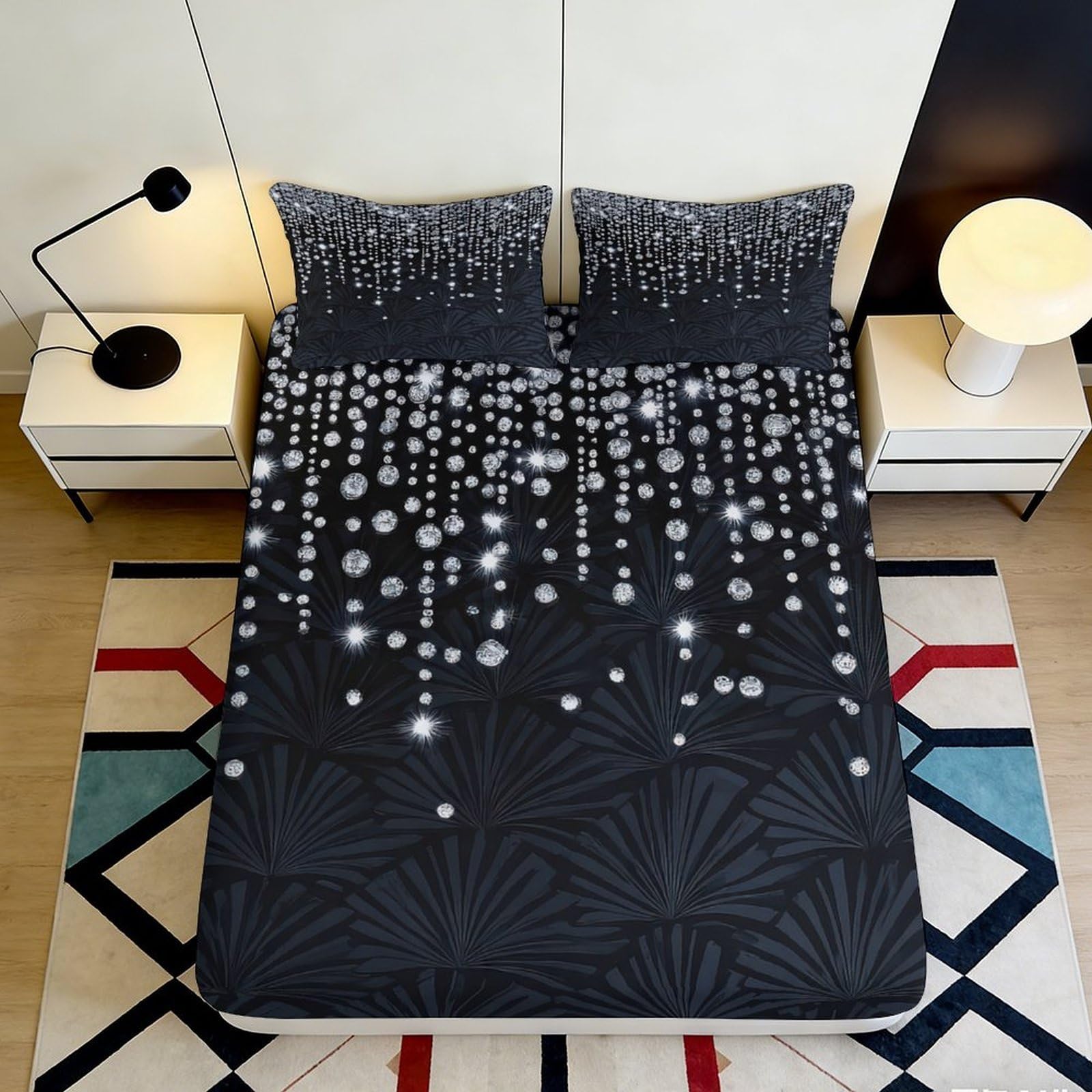 Pnayamiorkfel Style-7 3D Printed Crystal Droplet Fitted Sheet Microfiber Black Sparkle Art Bed Cover For Bedroom Guest Room Decor 90X200x25cm
