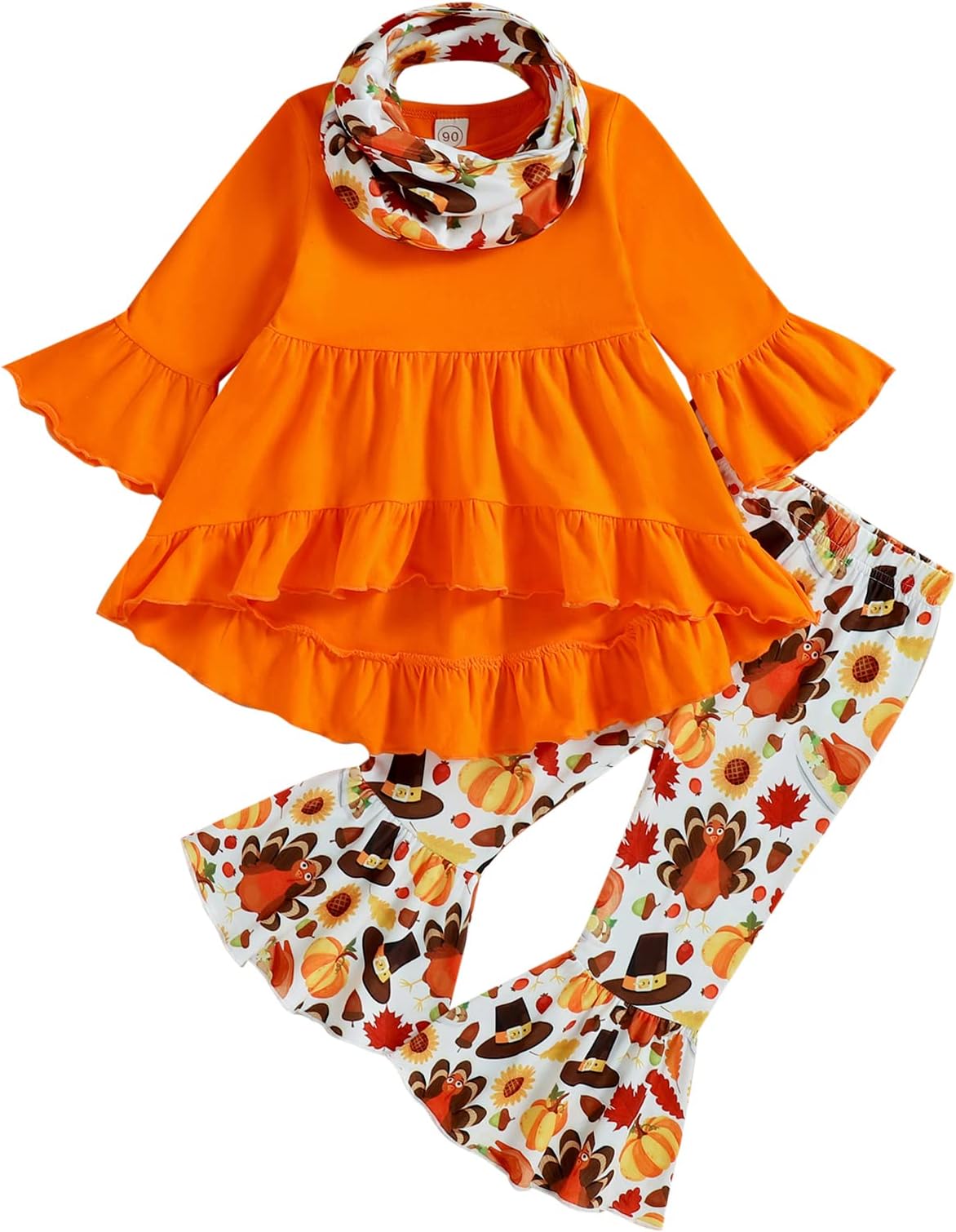 Sinhoon Toddler Baby Girls Thanksgiving Outfits Kids Long Sleeve T-Shirt Top+Flared Long Pants+Scarf Clothes Set