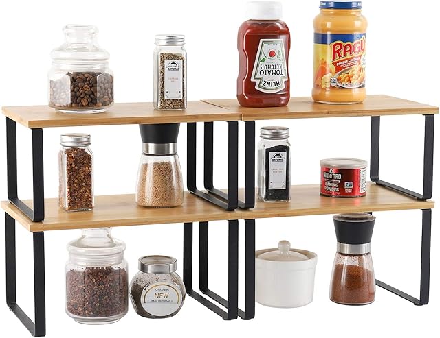 4-Pack Bamboo Kitchen Shelf Organizer for Cabinet, Expandable & Stackable Counter Cupboard Organiser, Storage Rack for Bathroom, Kitchen, Laundry Room Black