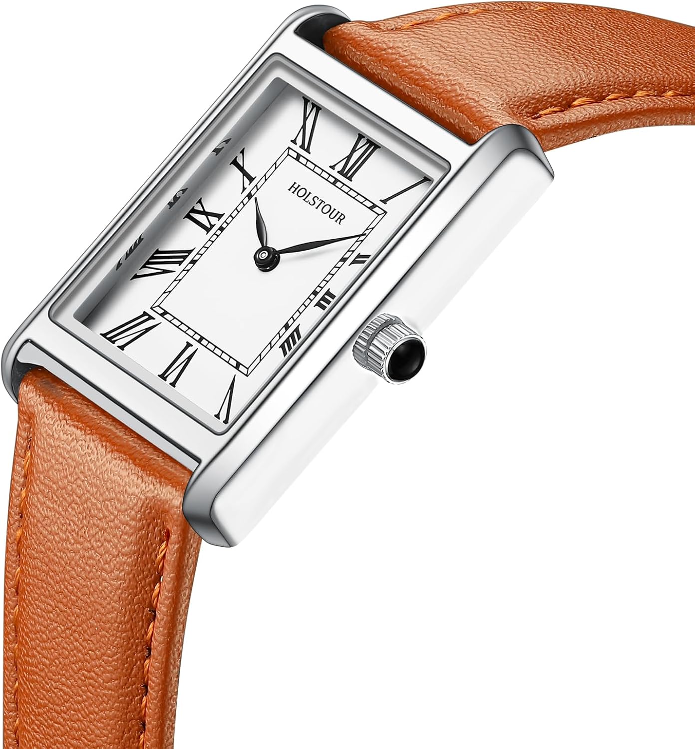HOLSTOUR Watches for Men Business Simple Model Rectangle Roman Numerals Case Water Resistant with Leather Strap