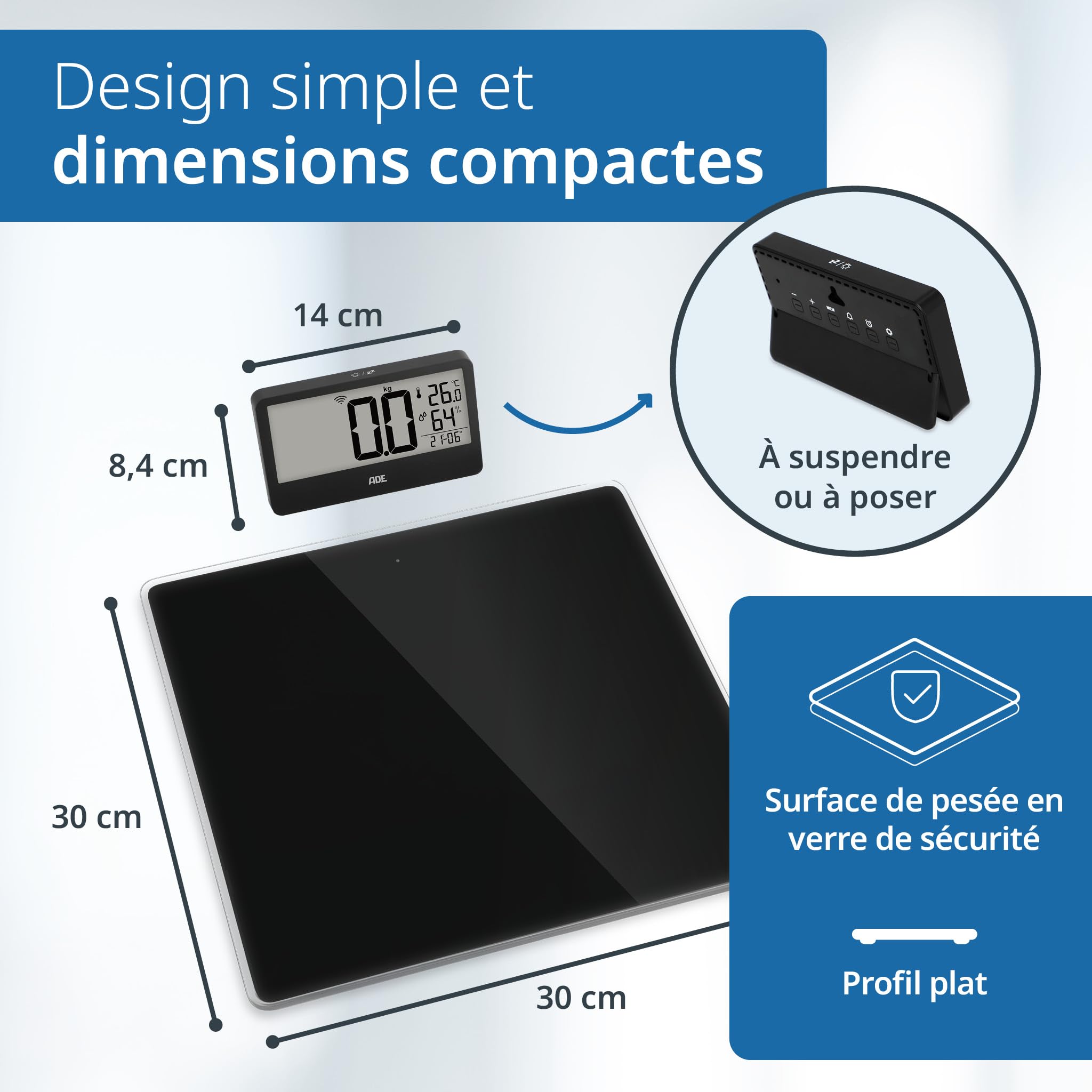 ADE Balance pèse-personne numérique avec écran externe | pour personnes jusqu'à 180kg | poids lisible à hauteur des yeux | balance pour seniors | avec horloge, hygromètre, thermomètre intérieur | Noir
