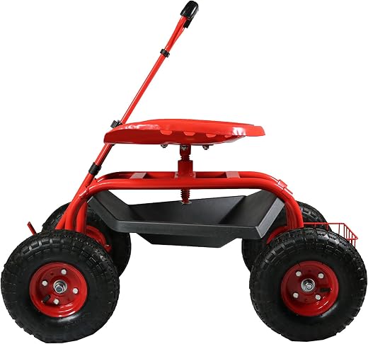 Sunnydaze Garden Seat with Wheels - Rolling Gardening Seat - Garden Stool on Wheels with Adjustable Handle and Utility Tra...