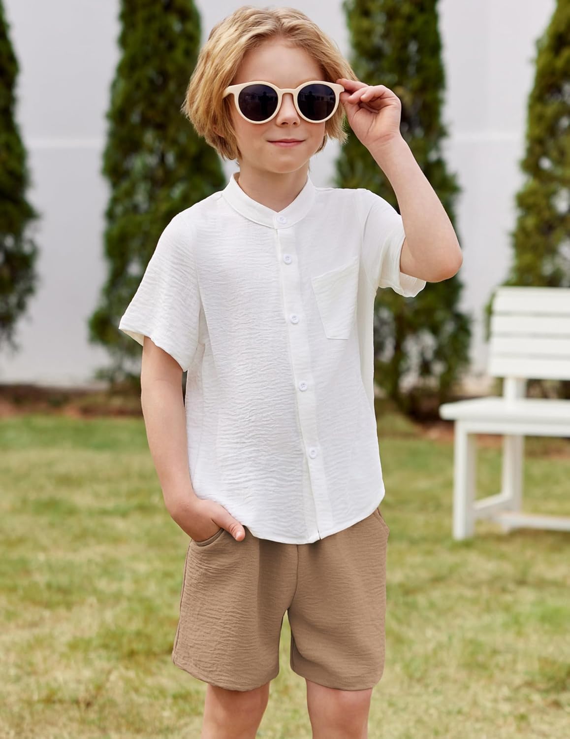 Arshiner Toddler Boys 2 Piece Set Short Sleeve Button Down Shirt and Shorts Vacation Texture Outfits with Pocket 2-8 Years - Image 3