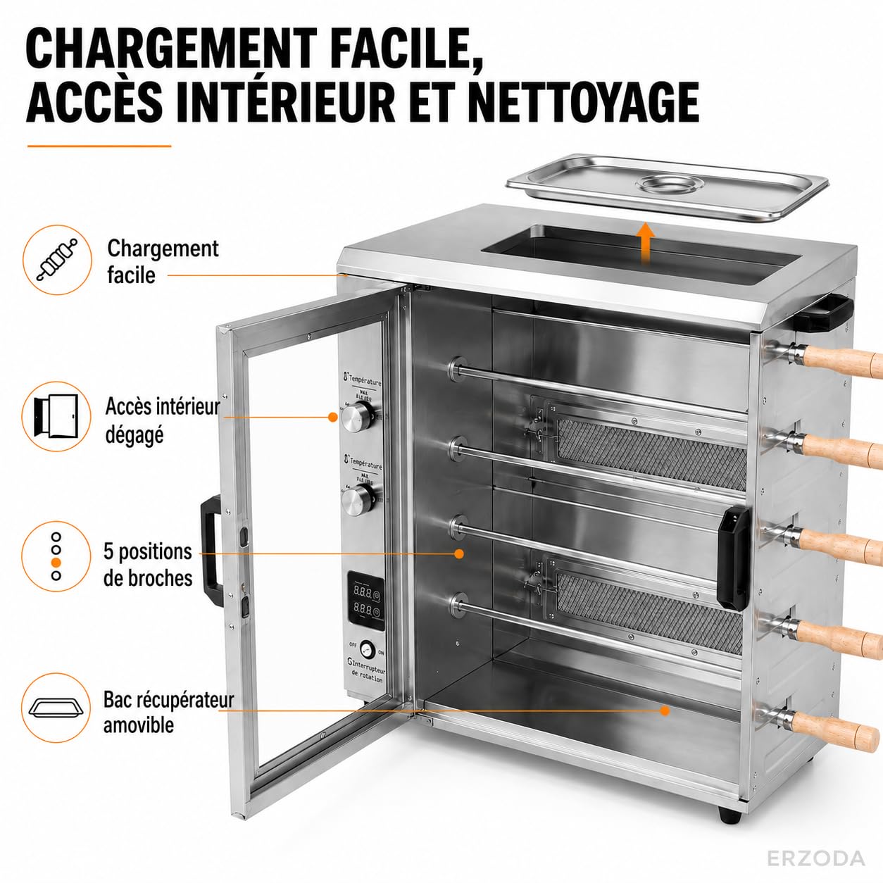 Four Rôtissoire Professionnel à Gaz GPL, Rôtissoire à Poulet 5 Broches en Acier Inox pour Restaurant et Snack