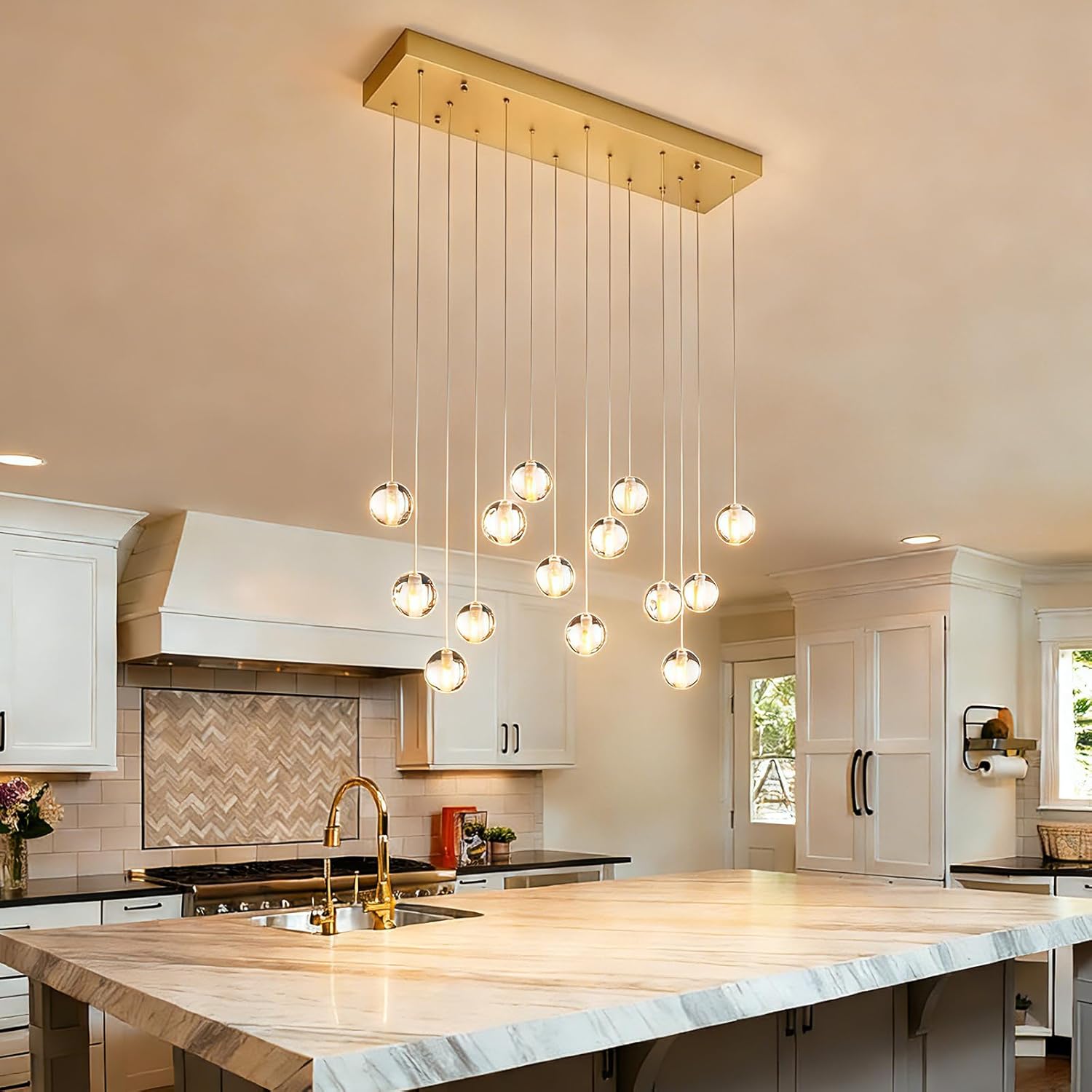 14 Lights Gold Raindrop Rectangle Chandelier, Modern Bubble Crystal Chandelier for Dining Room, Large Pendant Light for High Ceilings Staircase Foyer Entryway Living Room Kitchen Island