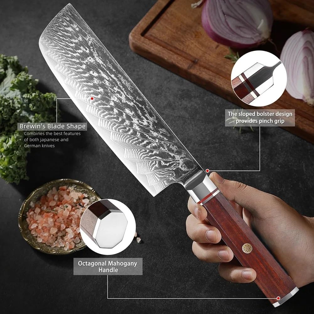 Meat Cleaver,Cleaver Knife 7 Inch Nakiri Knife Multipurpose Japan Damascus Vegetable Knife Asian Kitchen Chef Knife Damascus Steel Sharp Cleaver Knives