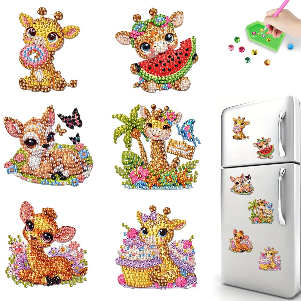 6PCS Giraffe DIY Diamond Painting Refrigerator Magnet Kit Mini Diamond Refrigerator Stickers Art Magnet Fridge Stickers Easy DIY Crafts for Beginner Ages 6-12 Decor Gift