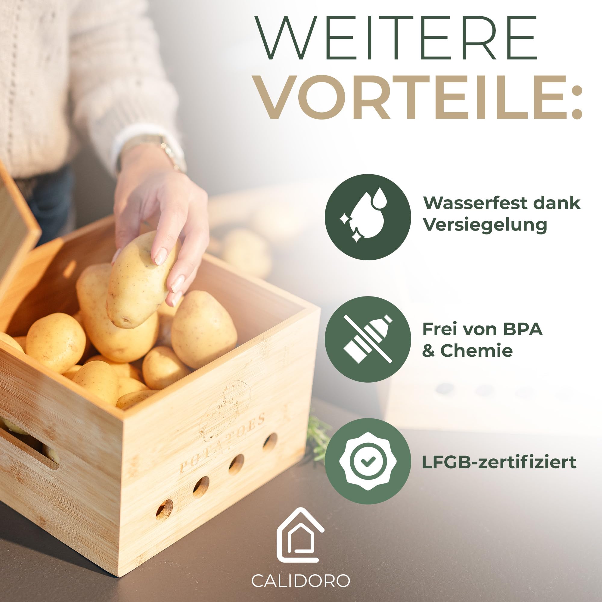 Premium Kartoffel Aufbewahrungsbox [3er Set] – Längerfrische Kartoffel Aufbewahrung, Knoblauch und Zwiebel Aufbewahrung – Bambus Holz Kartoffelbox, Zwiebeltopf, Knoblauchtopf