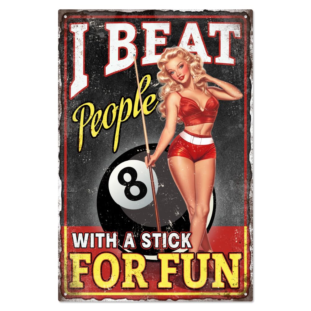 WADORN Vintage Billiards Pin Up Lady Metal Tin Sign, 7.8x11.8 Inch Funny Retro Billiards Bar Tin Sign Black Eight Billiard Ball Woman Wall Art Poster Plaque Decor for Garage Club Man Cave Home Decor