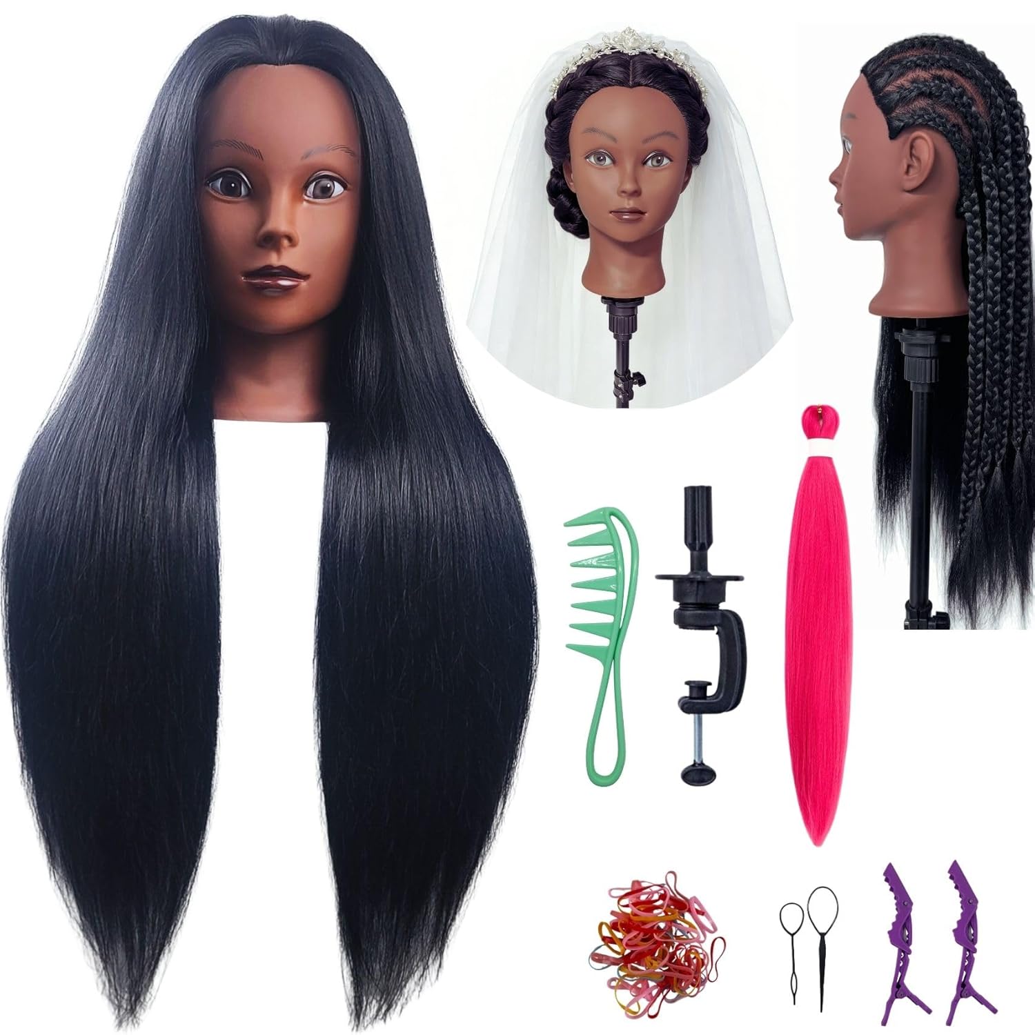 26-28 Inch Hair Mannequin Head Training Manikin Doll Head for Hairdressers Beginners Braiding Hair Salon Hairstyling Practice with 100% Yaki Synthetic Fiber
