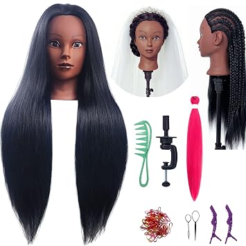 26-28 Inch Hair Mannequin Head Training Manikin Doll Head for Hairdressers Beginners Braiding Hair Salon Hairstyling Practice with 100% Yaki Synthetic Fiber