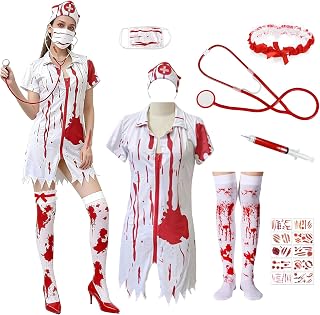 8-teiliges Zombie Krankenschwester Kostüm,mit Blutige Krankenschwester Uniform,Kniestrümpfe Haarreif Tattoo,Halloween Karneval Fasching Kostüm Damen
