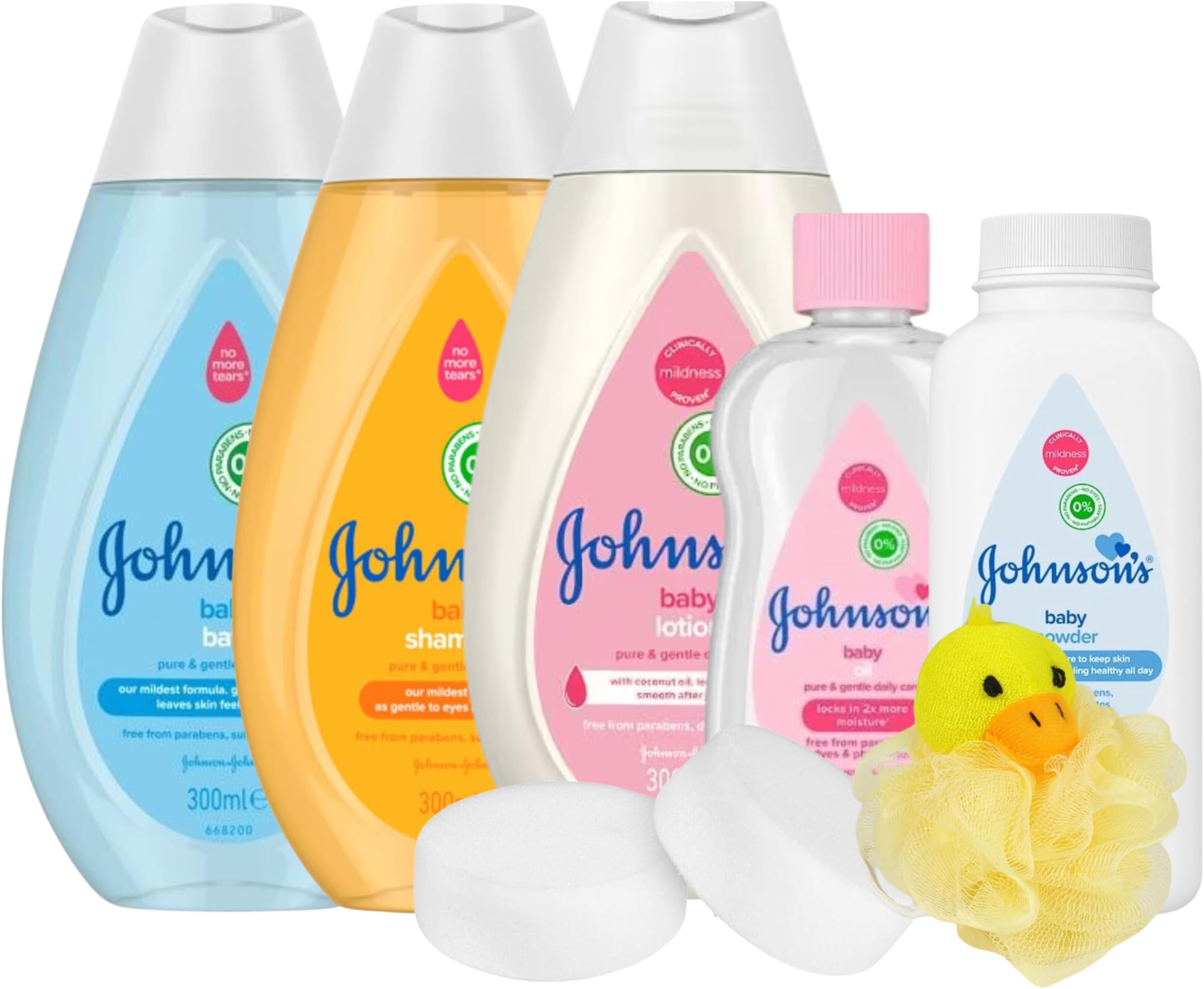 Baby Bath Set Bundle With 5 Piece Johnsons Baby Set, Zen Beauty Baby Sponge Twin Pack & Duck Bath Scrunchie