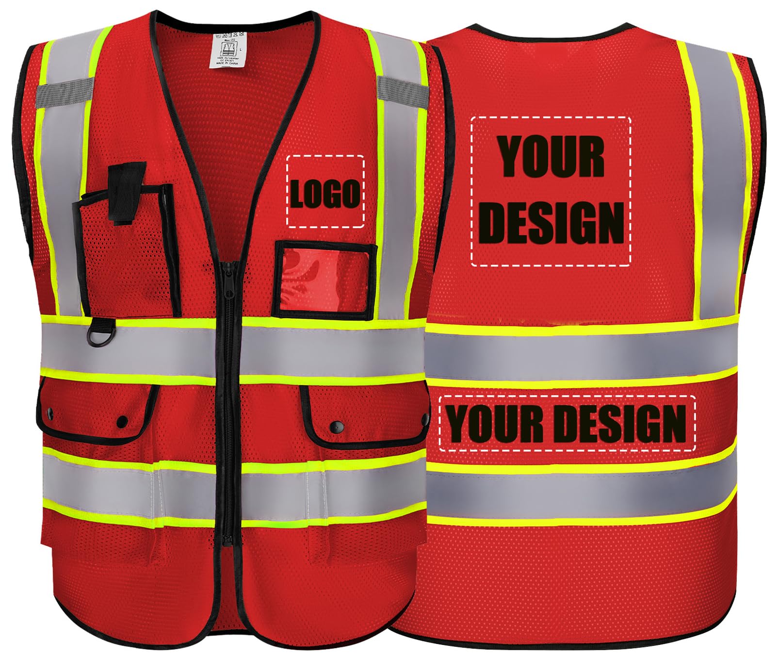 Custom LOGO Design Safety Vests Reflective Strips Class 2 High Visibility with Pockets and Zipper For Men and Women