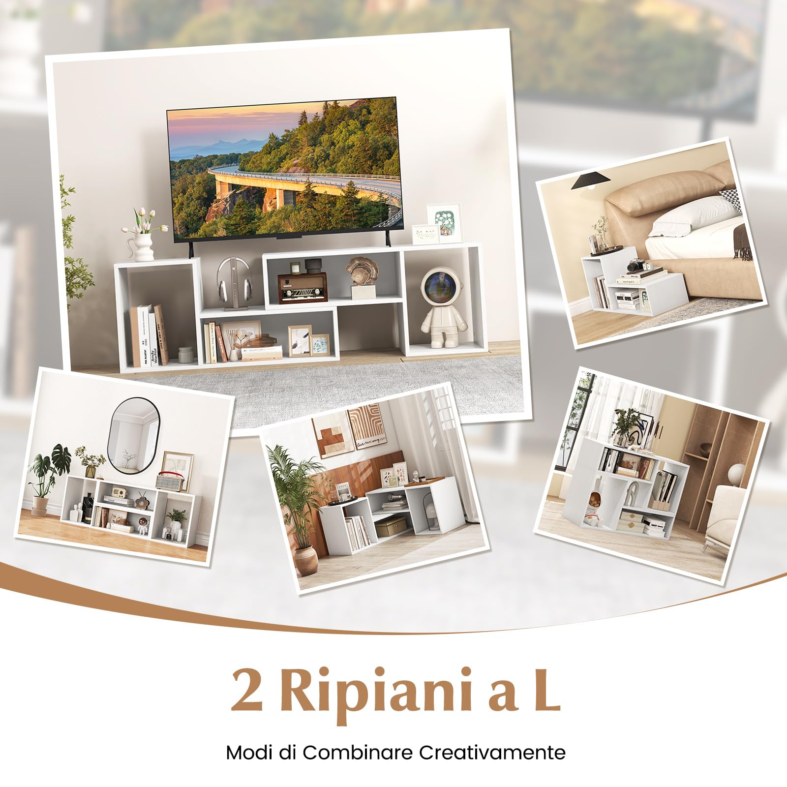 COSTWAY Mobile Porta TV Combinabile a 2 Pezzi, per TV Fino a 60'', Mobile TV a Angolo Soggiorno in Legno, con 4 Vani Aperti, Tavolo Media TV Multifunzionale, per Soggiorno, Camera da Letto (Bianco)