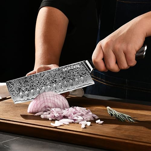 Miniatura 3 de Nakiri - Cuchillo de cocina de acero Damasco VG10 de 7 pulgadas, 67 capas para cortar carne y verduras, cuchillo de chef con mango de madera Pakka