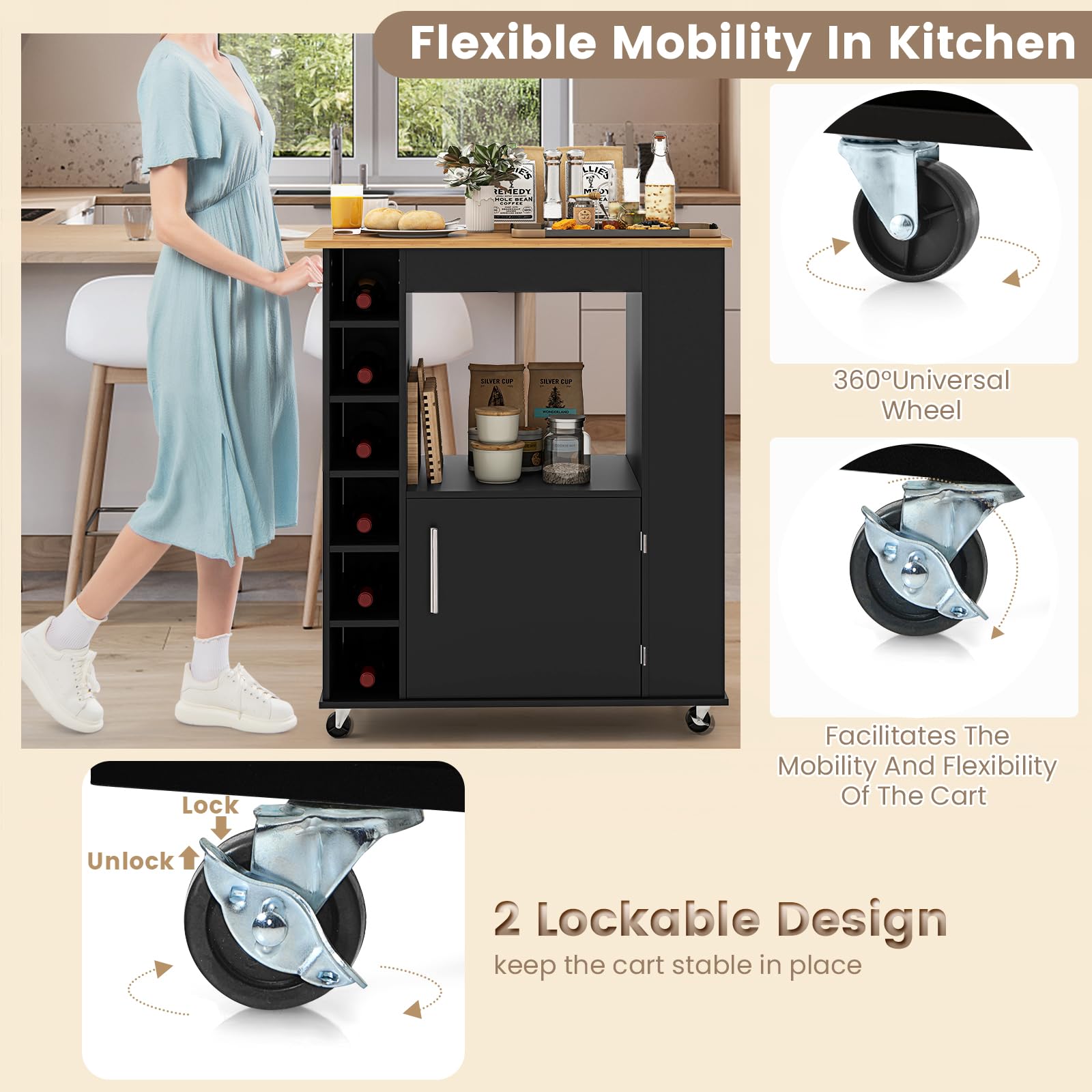 KOMFOTTEU Carrello da Cucina in Legno, Carrello di Servizio con 3 Organizzatori, Impugnatura e 6 Scomparti per vino, Isola da Cucina su Ruote con Piano in Bambù, per Sala da Pranzo, Bar (Nero)