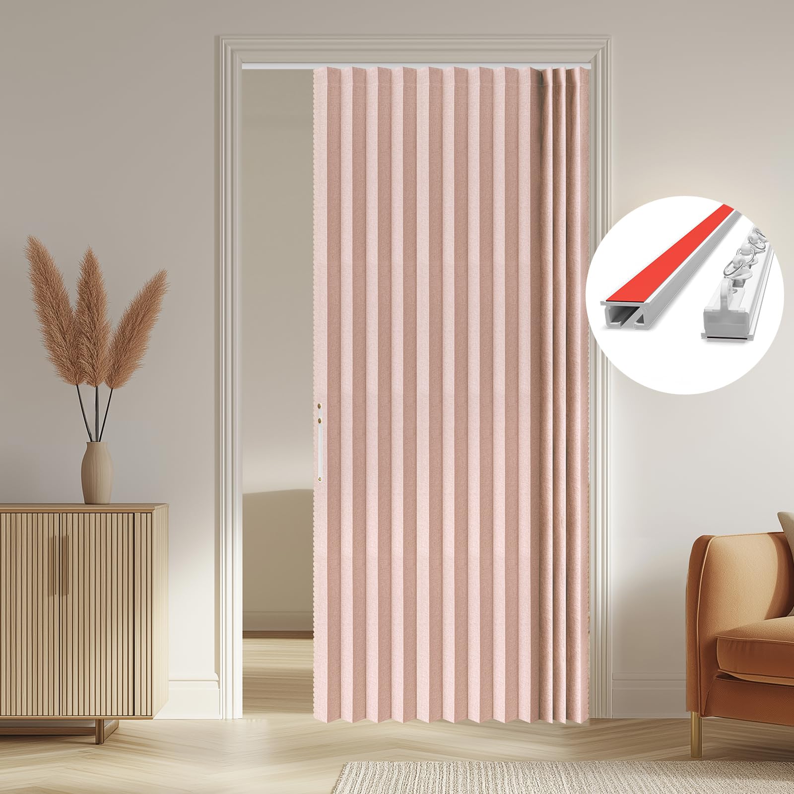 AJAZZ Doorway Curtains with Adhesive Ceiling Curtain Track Accordion Closet Door 100% Blackout Temporary Door Curtains Pink 53 x 79 Inch Set