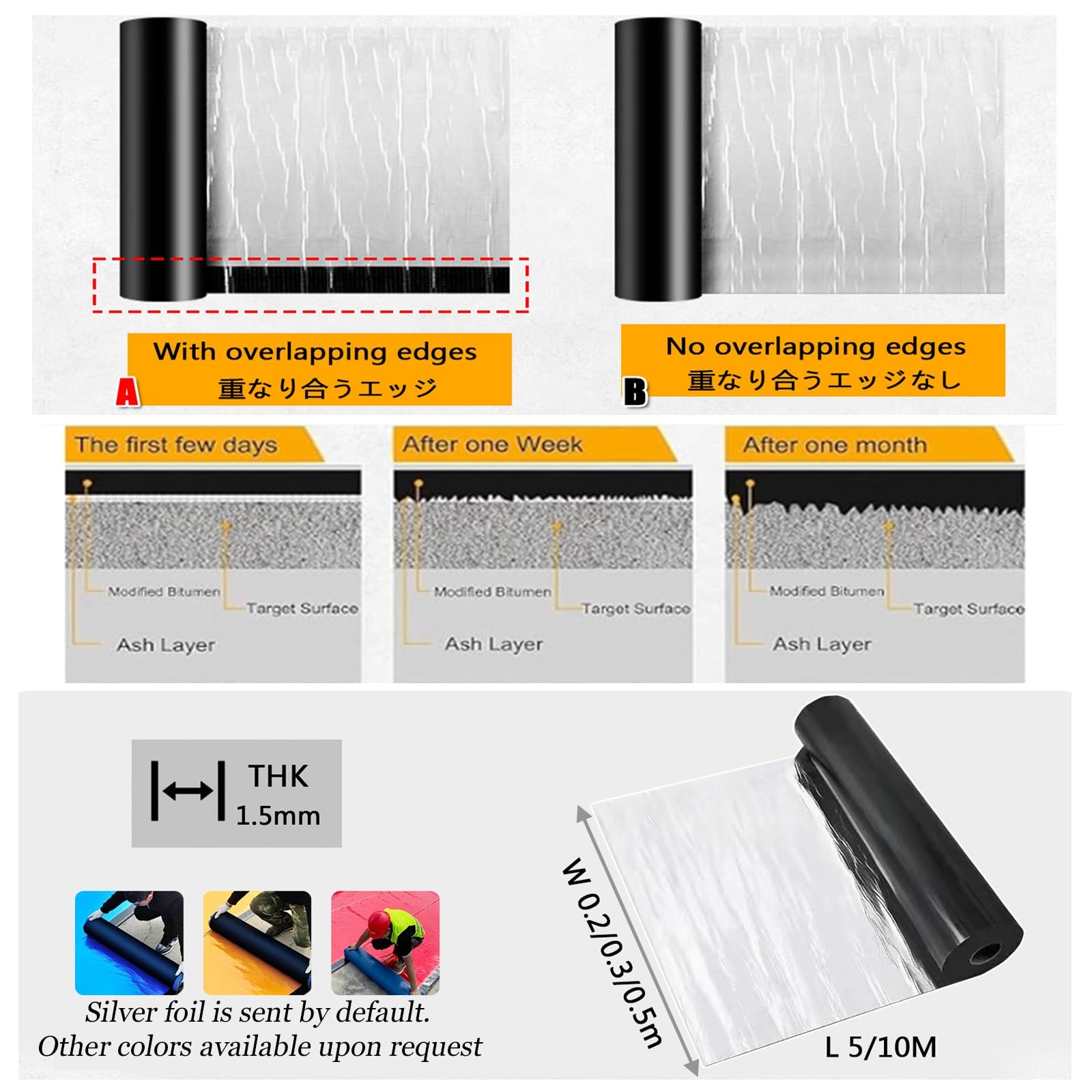 Tela Asfaltica Autoadhesiva，Cinta autoadhesiva de sellado resistente a la intemperie, fieltro autoadhesivo, cinta autoadhesiva de betún for reparación de techos(THK1.2mm/W0.5*L5m)