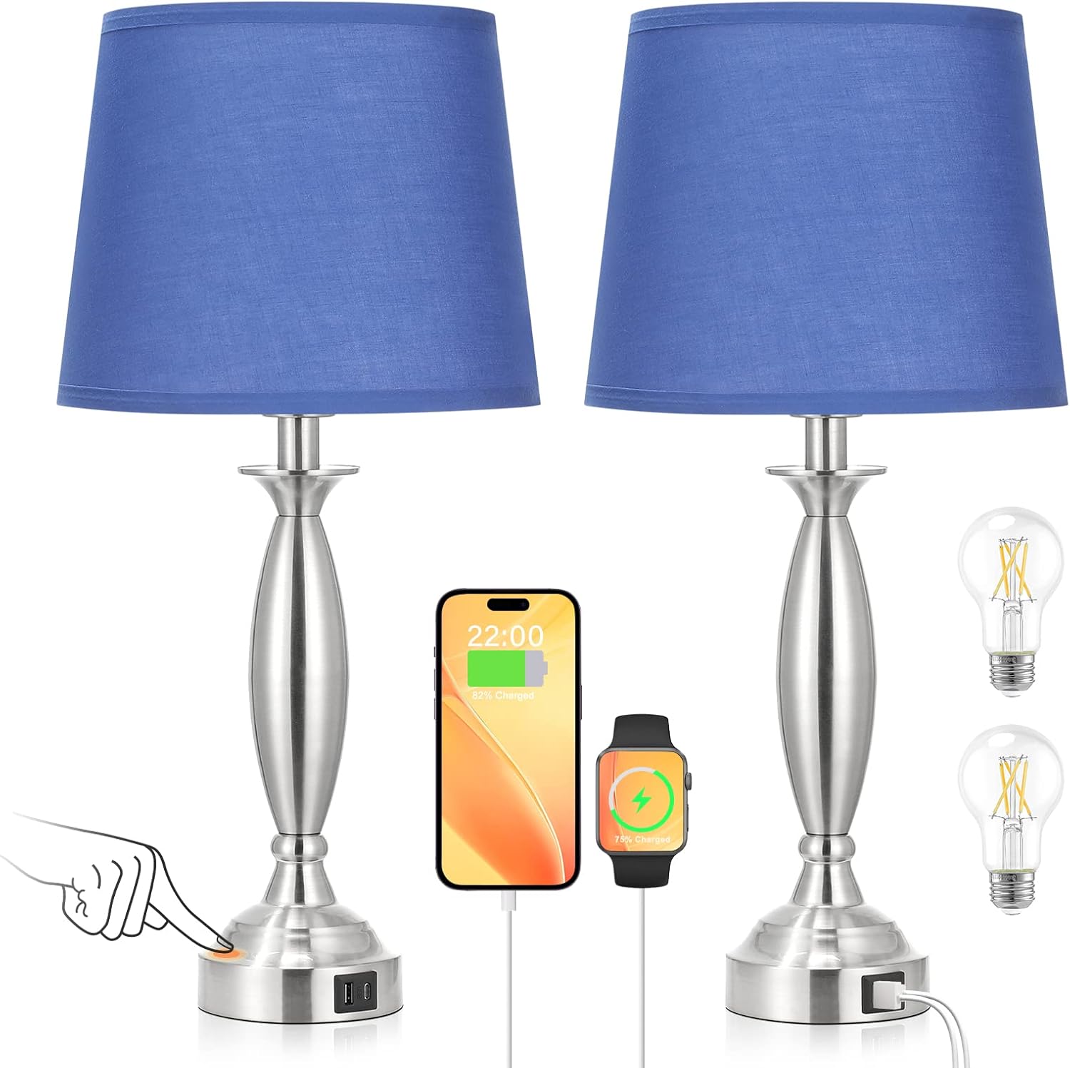 Blue Linen Shade Nickel Base Touch Control Table Lamps Set of 2