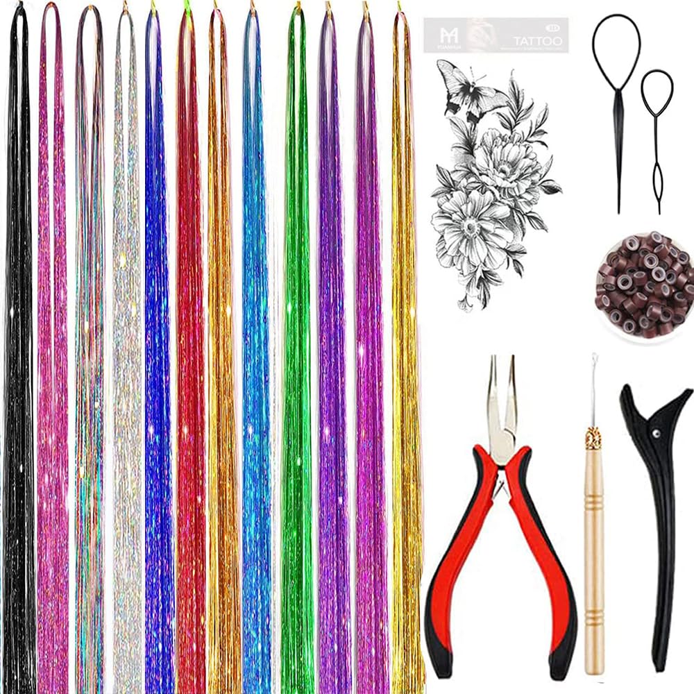 Hair Tinsel Kit with Tools 16 Colors 8000 Strands Fairy Hair Tinsel Heat Resistant Sparkling Shiny Tinsel Hair Extensions 48 Inch Colorful Hair Tinsel strands Kit (12 Colors 3000strands, 16Colors)