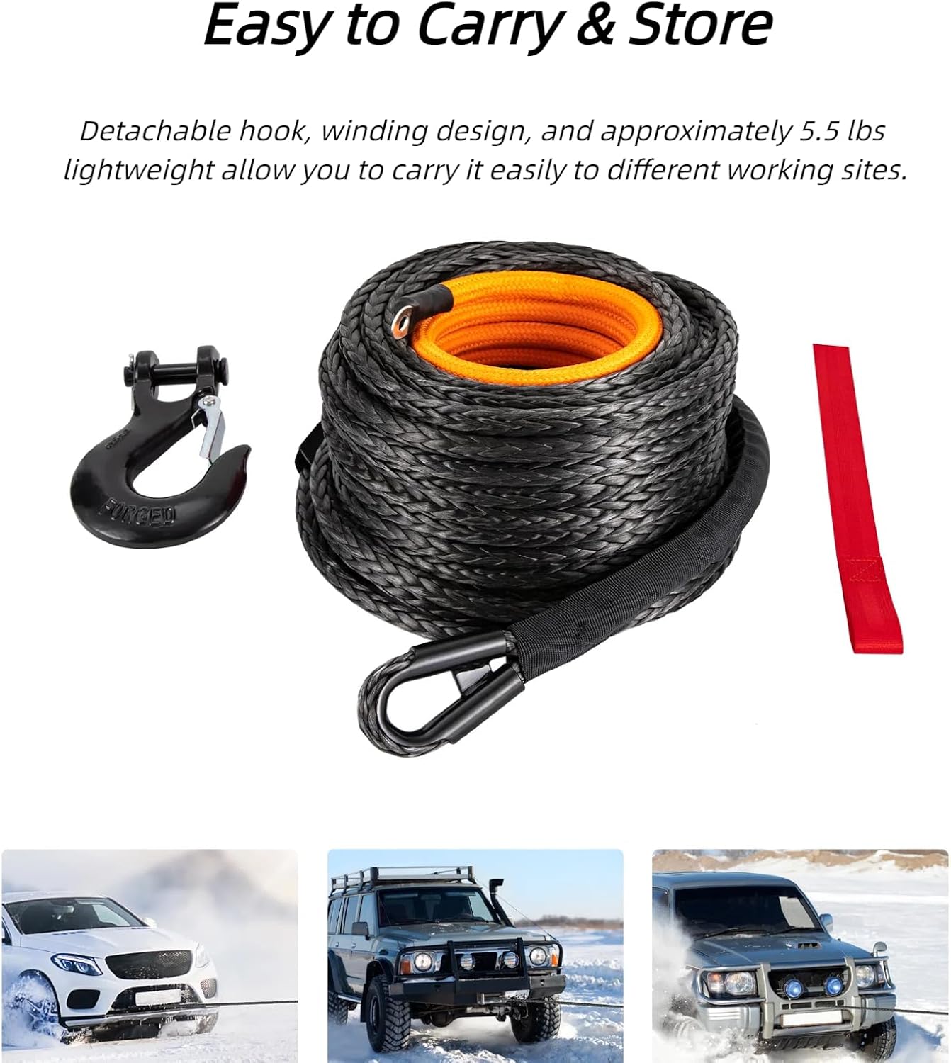 Synthetic Winch Rope Kit 1/2" x 92ft 31500lbs Dyneema Winch Rope, Heavy Duty Winch Cable with Protective Sleeve Forged Winch Hook for Off-Road Vehicle Truck ATVs SUVs