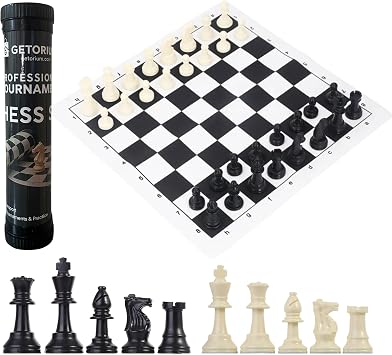 Tournament Chess Set Portable and Professional Set with Travel Portable Plastic Tube Roll. Plastic Staunton Chess Pieces, Foldable Vinyl Chess Board. Black Board, 13X13IN